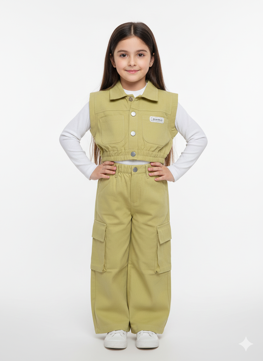 Little Girls’ 3-Piece Pastel Pink Cargo Vest & Wide-Leg Trouser Set