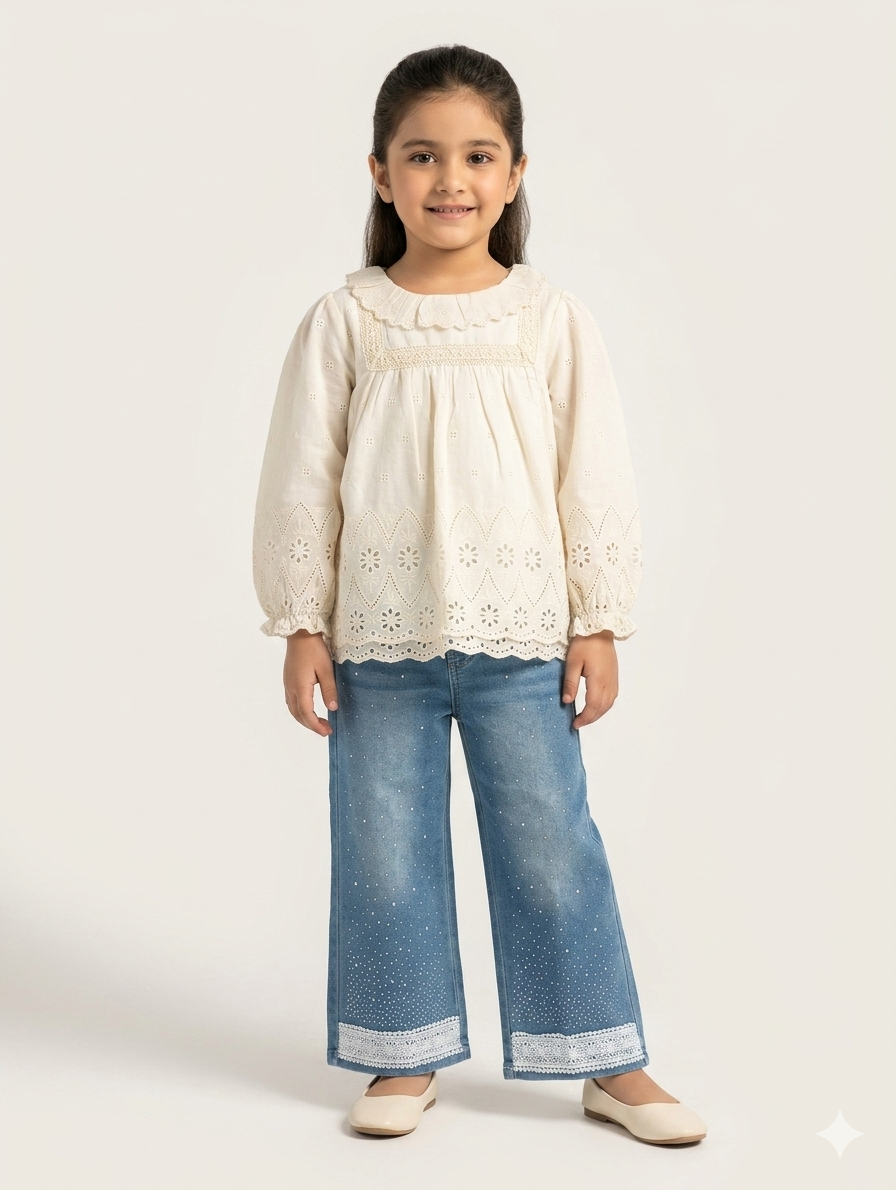 Charming Girls Eyelet Embroidered Cotton Blouse with Scalloped Trim and Sparkly Embellished Denim Wide-Leg Jeans