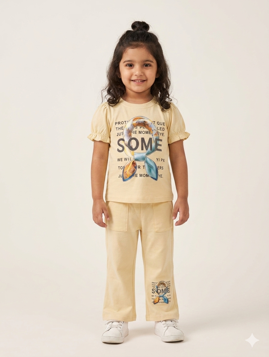 Baby Girl Stylish Puff Sleeve Graphic T-Shirt and Matching Pocket Trousers Two Piece Set