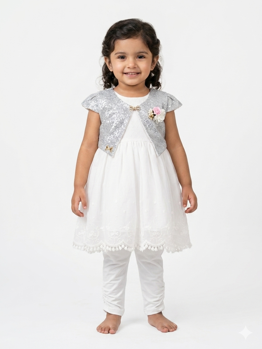 Girls Elegant White Embroidered Dress and Shimmering Silver Bolero Set
