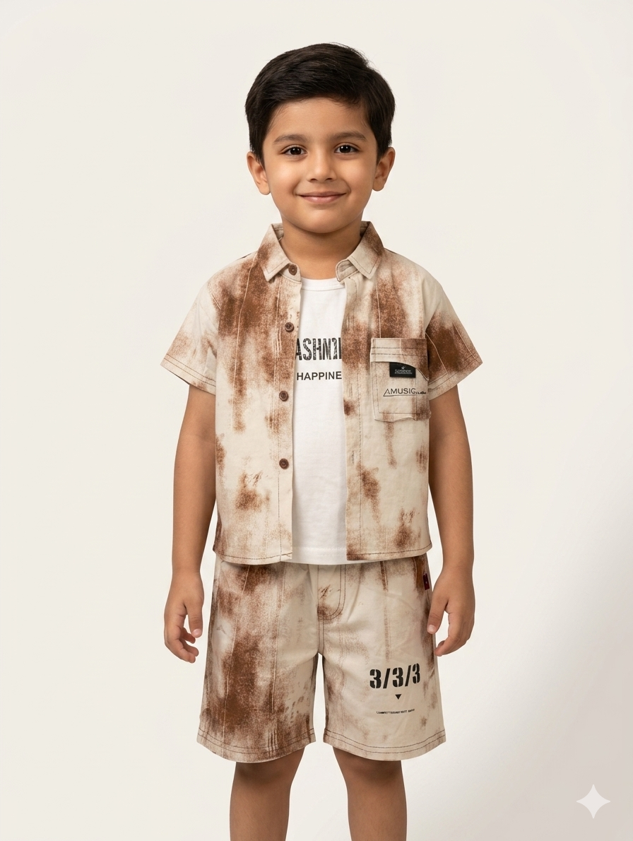 Trendy Boys Three Piece Tie Dye Shirt Shorts and Graphic Tee Summer Outfit Set