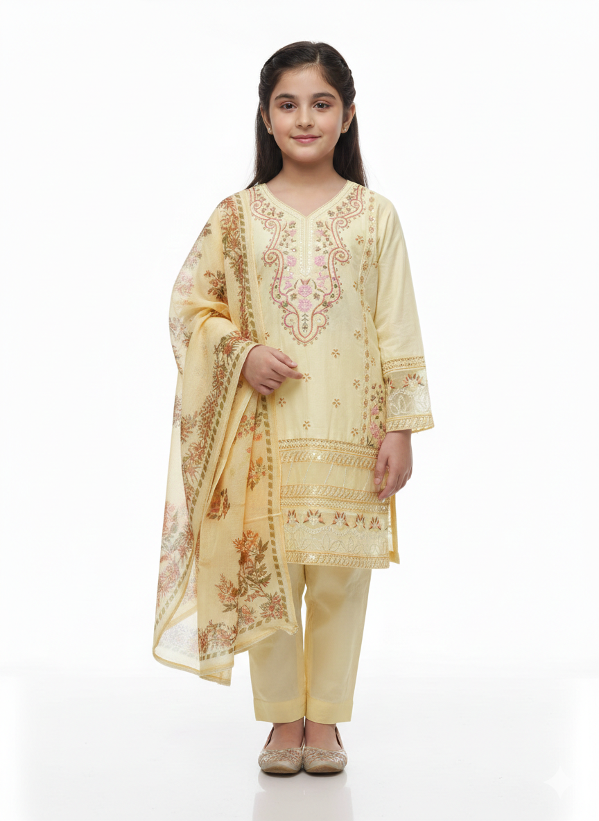 Girls' Formal Embroidered Kurta Set with Floral Print Dupatta and Matching Straight Trousers Ensemble