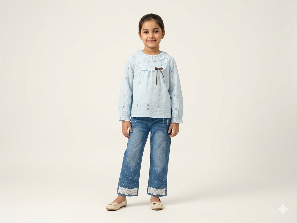 Girls' Lace Trim Eyelet Blouse and Embroidered Wide Leg Denim Jeans Two Piece Set