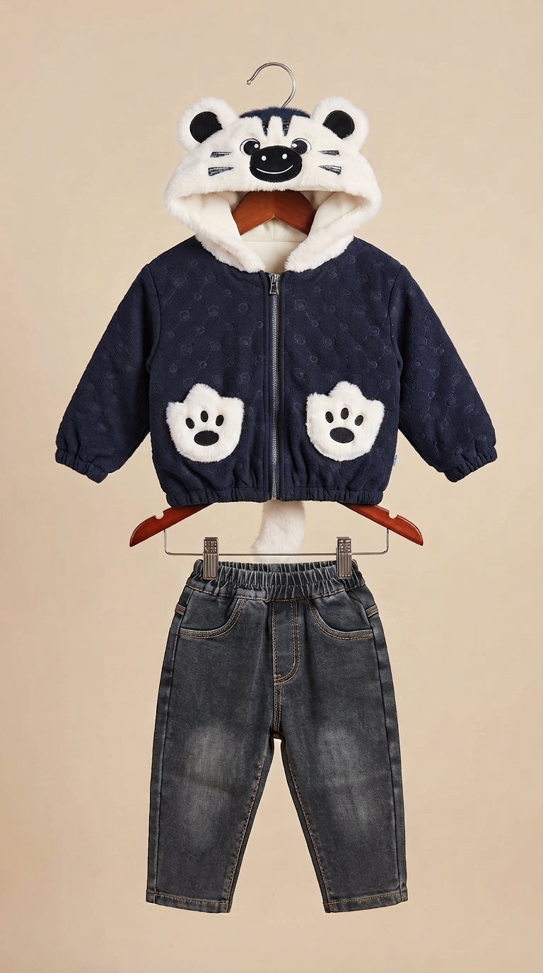 Stylish Navy Blue Animal Hooded Jacket With Denim Pants Winter Outfit For Boys