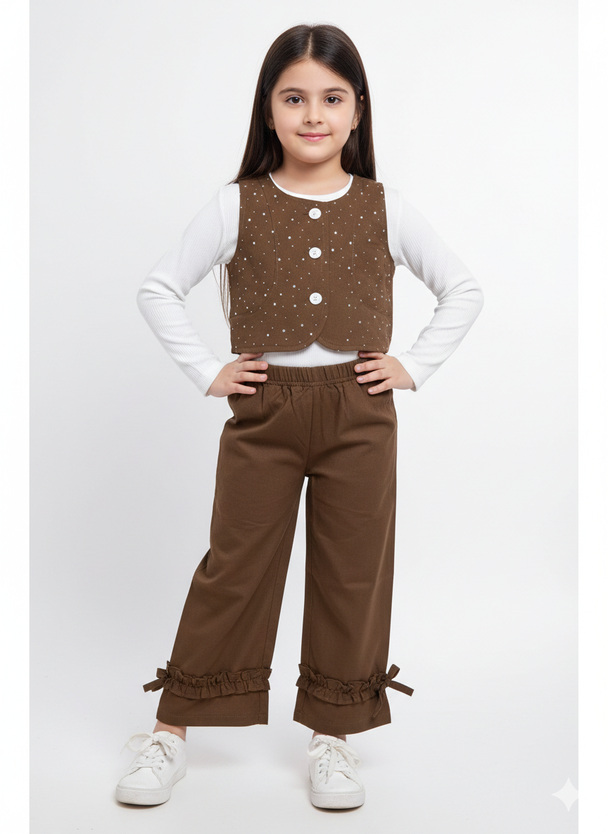 Girls Three Piece Formal Vest Set Long Sleeve Ribbed Top and Ruffled Hem Trousers
