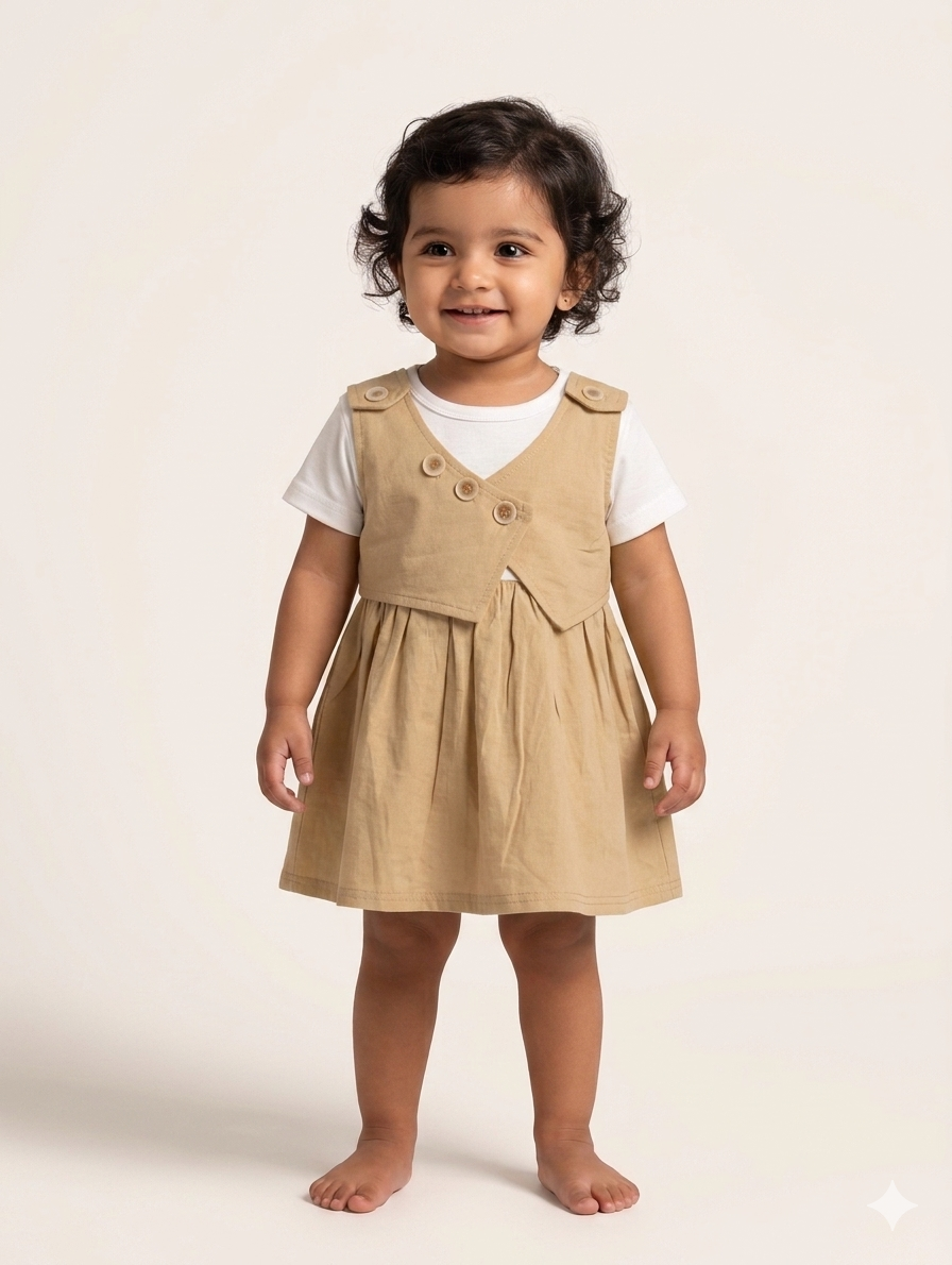 Toddler Girls Elegant Button-Front Pinafore Dress with Layered White Tee Two-Piece Outfit Set