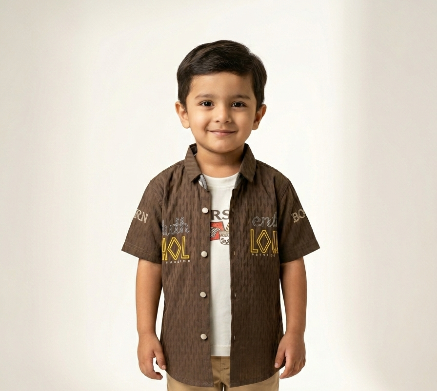 Boys Trendy Layered Double Shirt Set with Graphic Tee and Textured Short Sleeve Button-Down