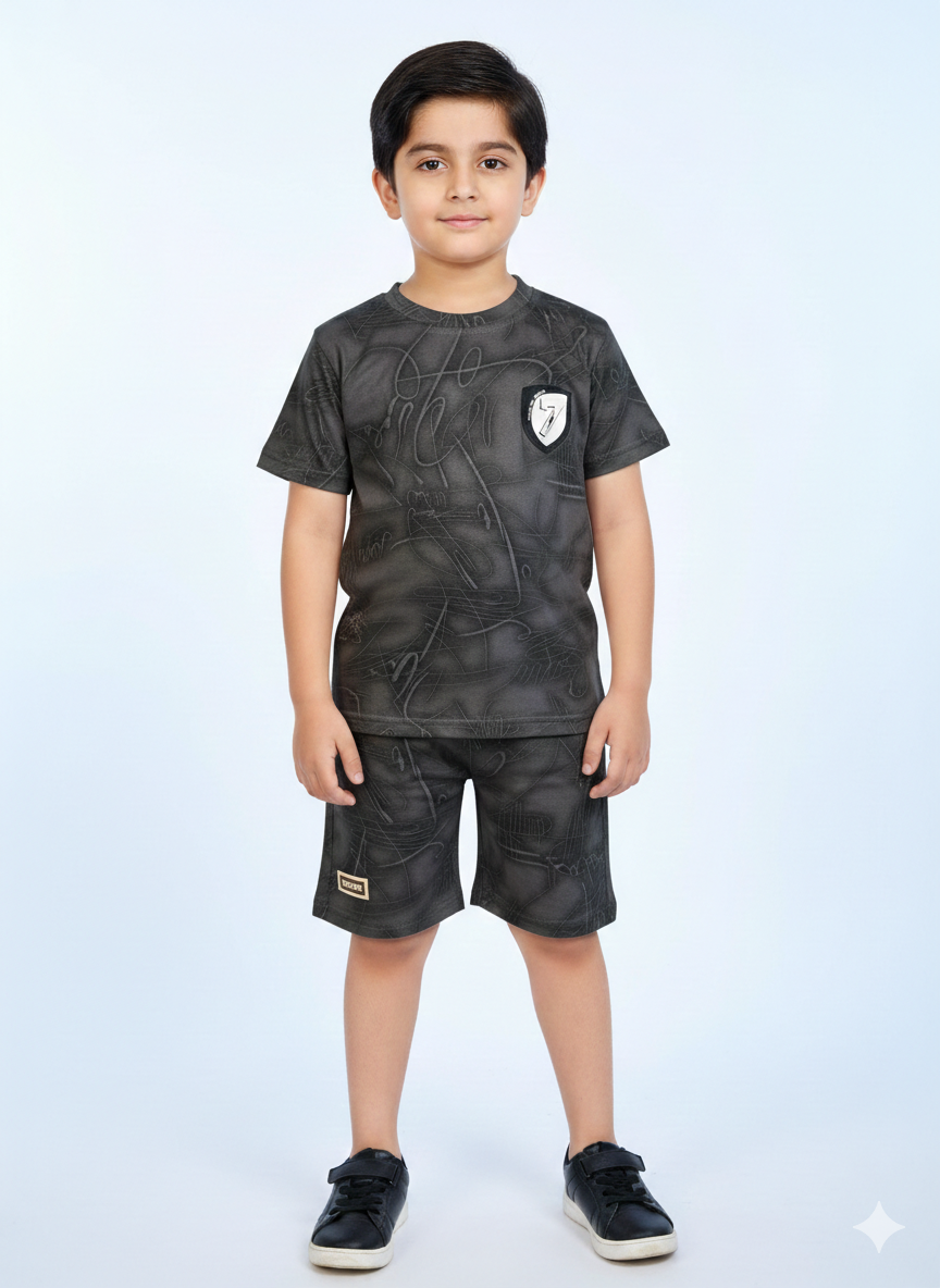 Boys Shield Graphic Summer Set Cotton Short Sleeve Shirt and Matching Shorts