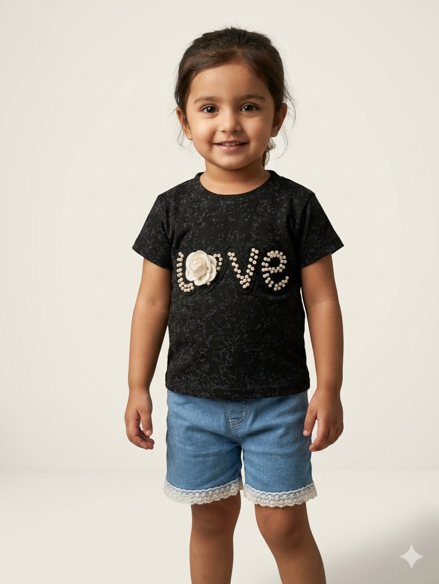 Toddler Girls Love Graphic T-Shirt and Lace Trim Denim Shorts Two Piece Summer Outfit