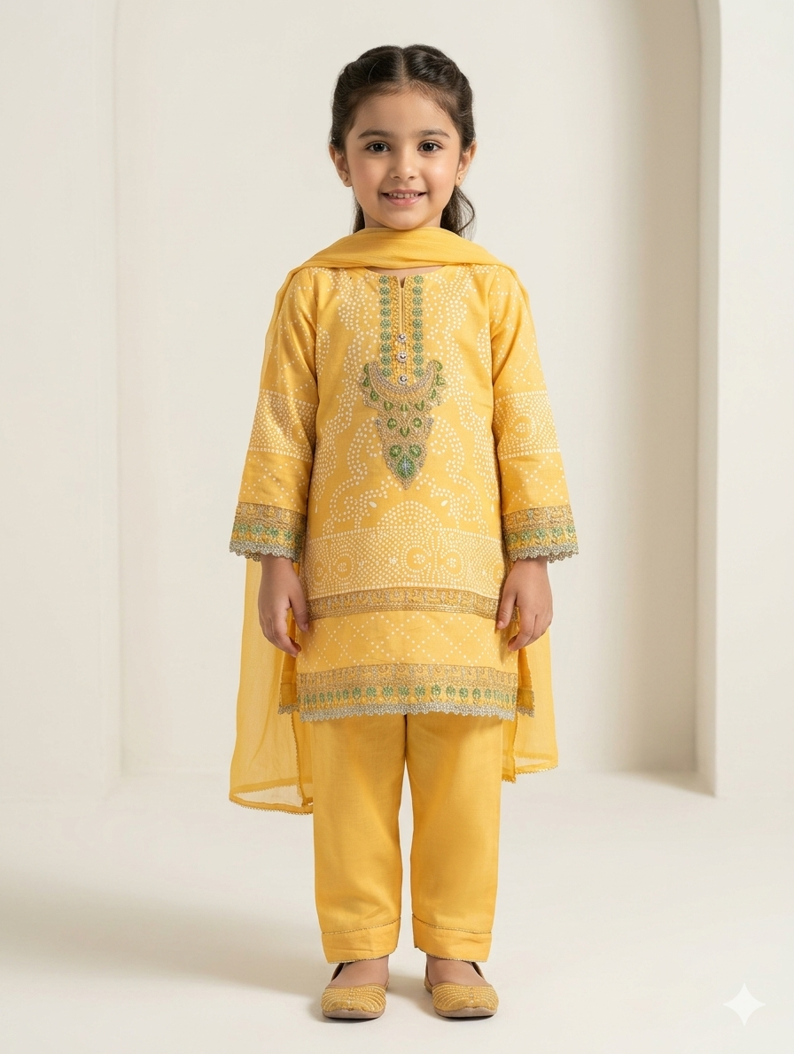 Kids Festive Chunky Embroidery Bandhani Print Three Piece Suit Set With Net Dupatta Outfit