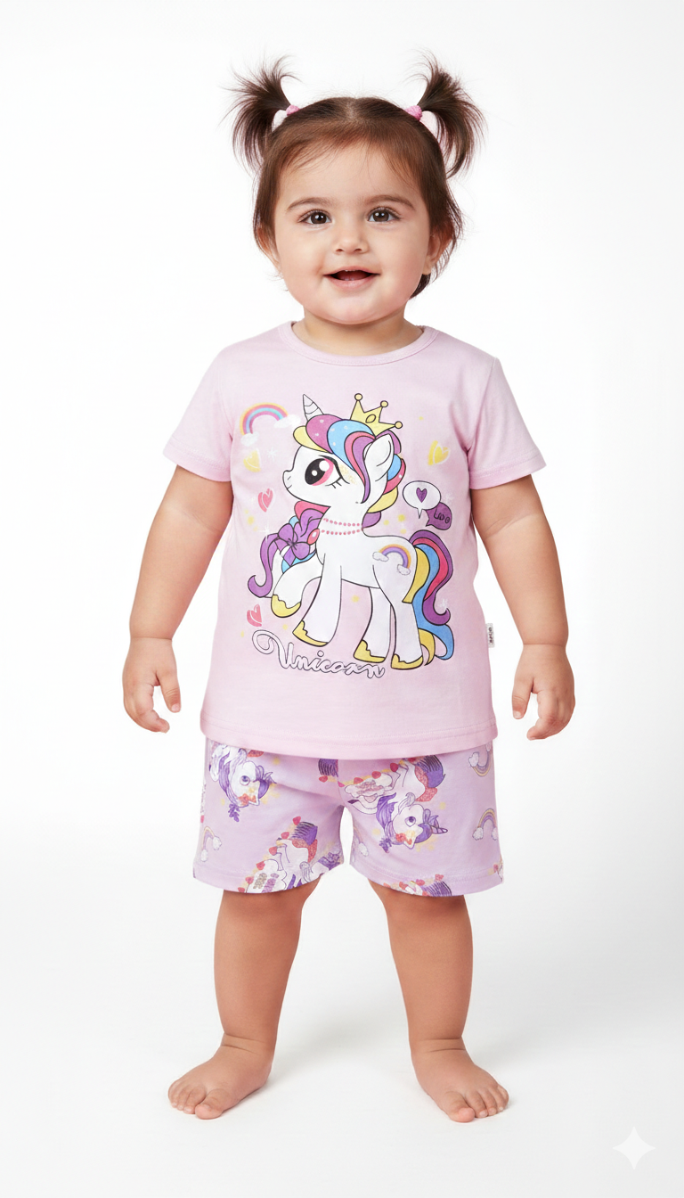 Toddler Girls Unicorn Pajama Set Soft Cotton Short Sleeve Pink T-Shirt and Printed Shorts