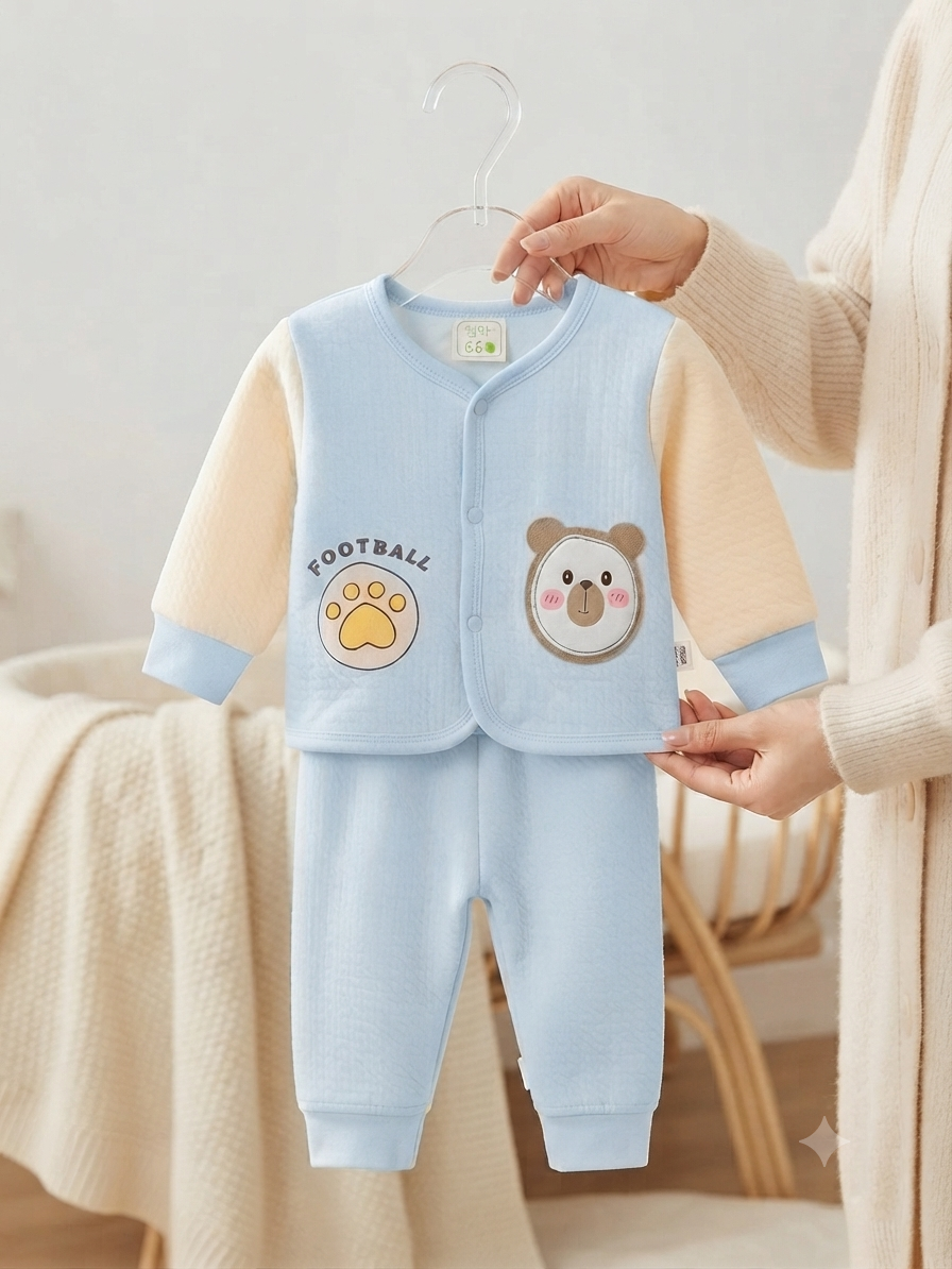 Cute Baby Bear Print Cotton Thermal Top and Bottom Clothing Set