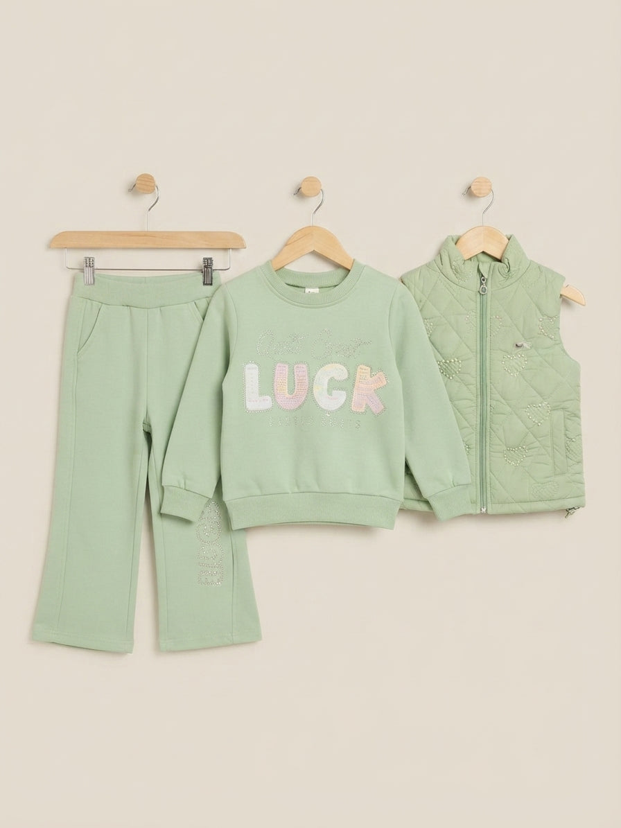Girls Stylish 3-Piece Winter Outfit Set Featuring Quilted Vest Sweatshirt And Matching Trousers