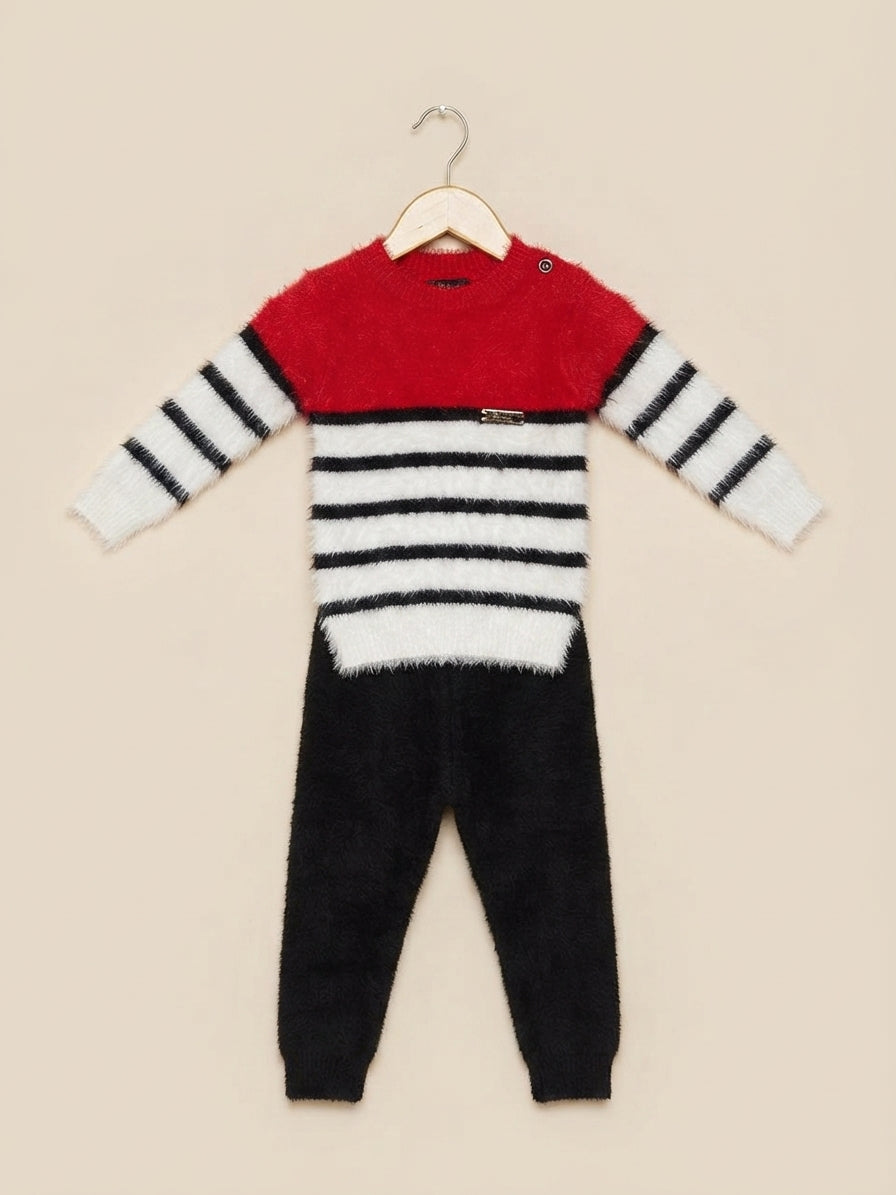 Fluffy Kids Colorblock Striped Winter Hoodie And Trouser Outfit Set