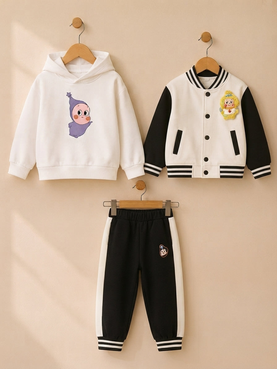 Stylish Boys Three Piece Winter Outfit Featuring Printed Hoodie Matching Trouser And Bomber Jacket