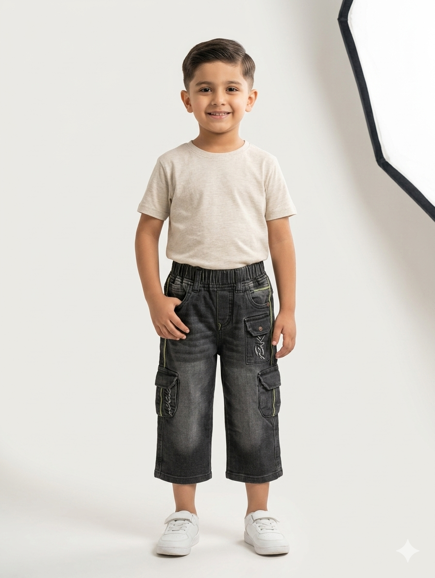 Boys' Durable Multi-Pocket Cargo Denim Jeans With Comfortable Elastic Waistband For Active Playtime