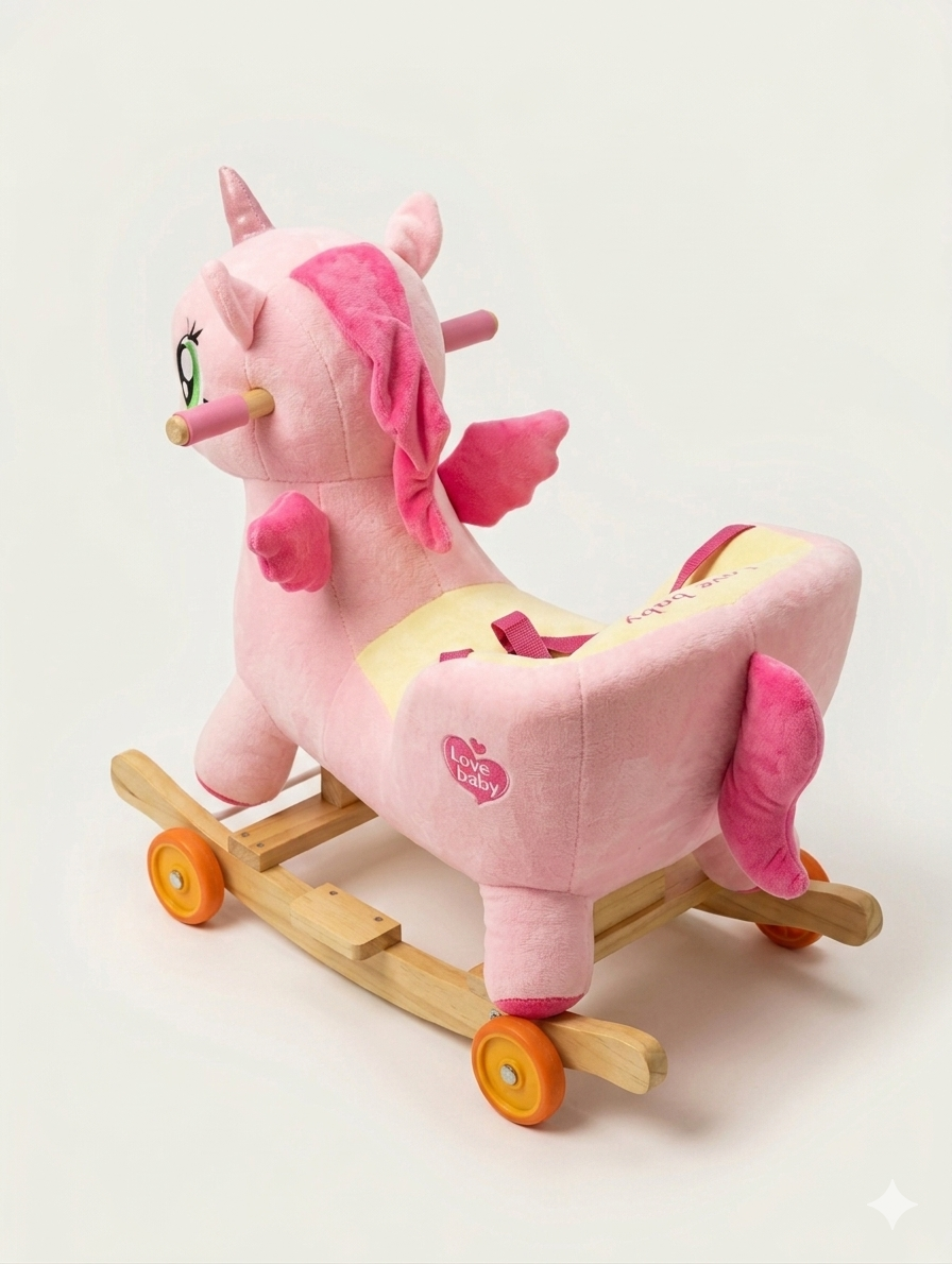 2-in-1 Plush Pink Unicorn Rocking Horse & Stroller with Safety Belt for Toddlers and Babies