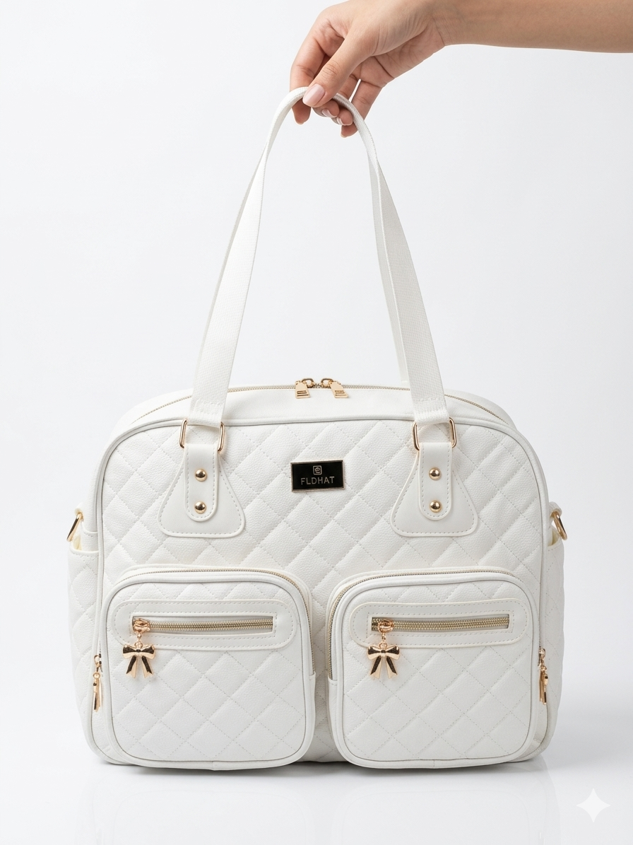 Premium Bow Charm Quilted Multi Pocket Women Handbag Stylish Durable Travel Diaper Tote Bag