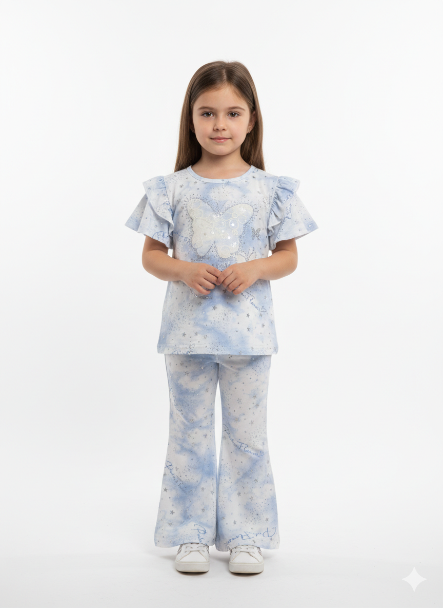 Girls' Sequined Butterfly Flutter Sleeve Top and Flare Leggings Set – Three Pastel Marble Colors