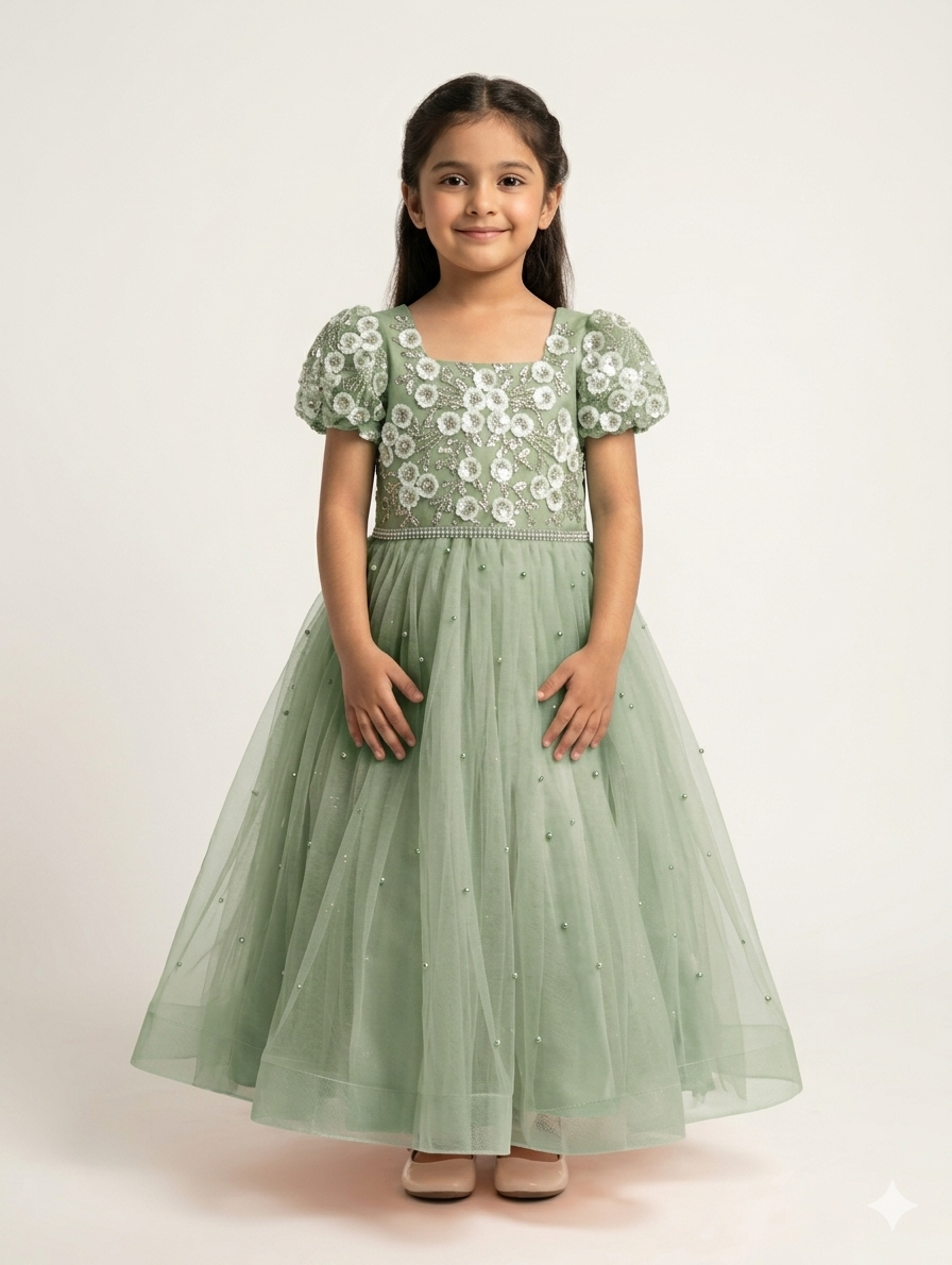 Elegant Girls Tulle Floral Applique Ball Gown – Perfect for Weddings, Parties, and Special Occasions
