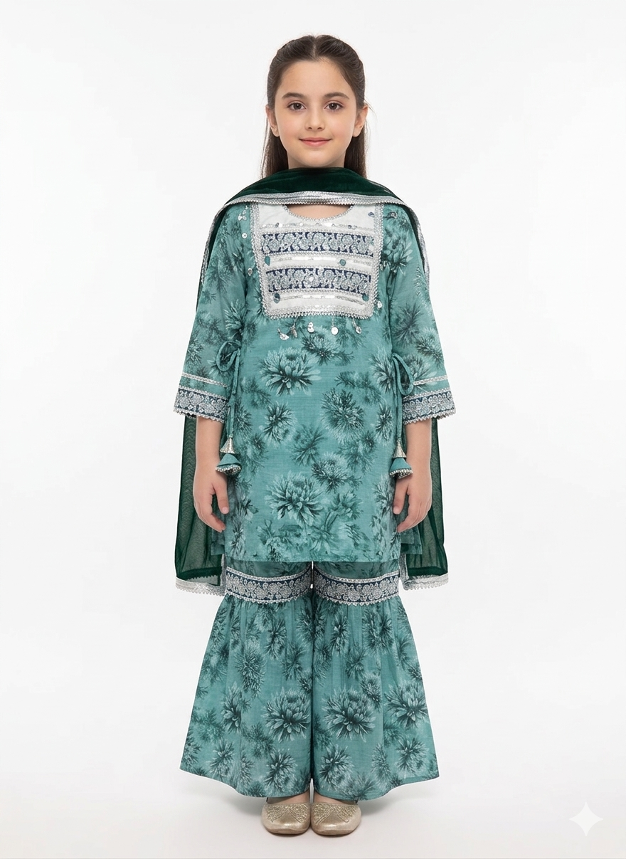 Girls Floral Printed Sharara Set With Embroidered Neckline And Chiffon Dupatta Three Piece Suit