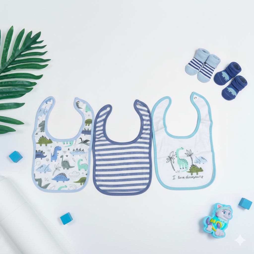 Baby Boy Dinosaur Bibs and Booties Gift Set | 3 Bibs 2 Pair Booties | Blue