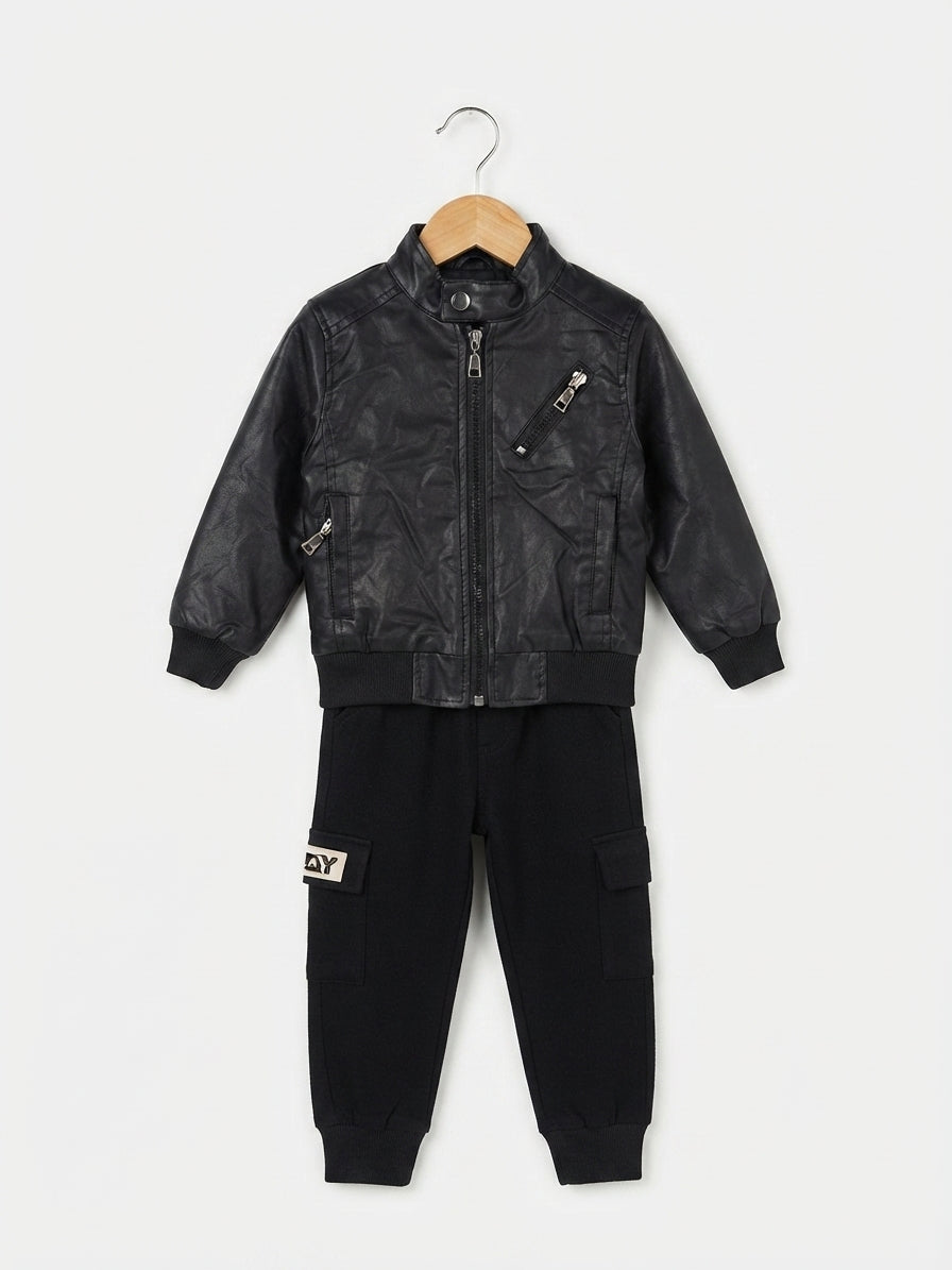 Black Faux Leather Jacket and Matching Cargo Pants Outfit Set For Kids