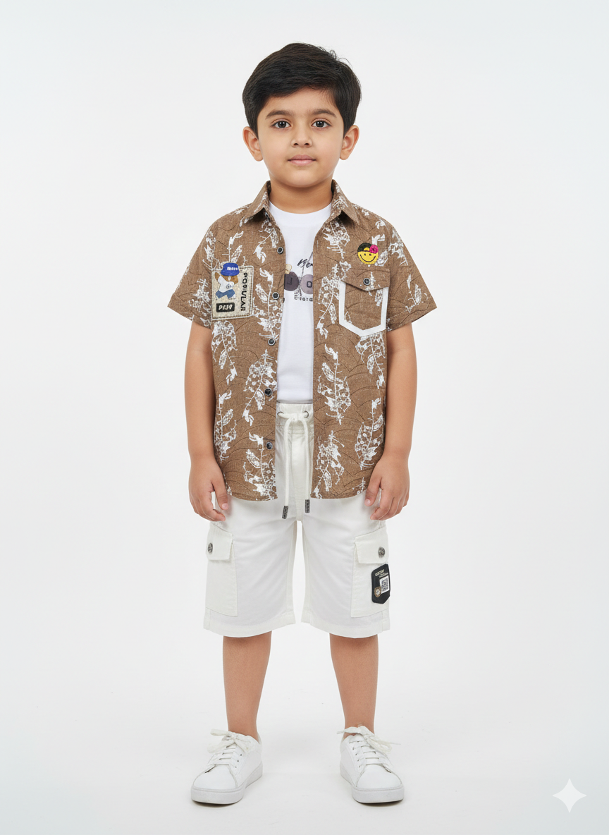 Kids Stylish 3-Piece Summer Outfit: Printed Shirt & Cargo Shorts Set