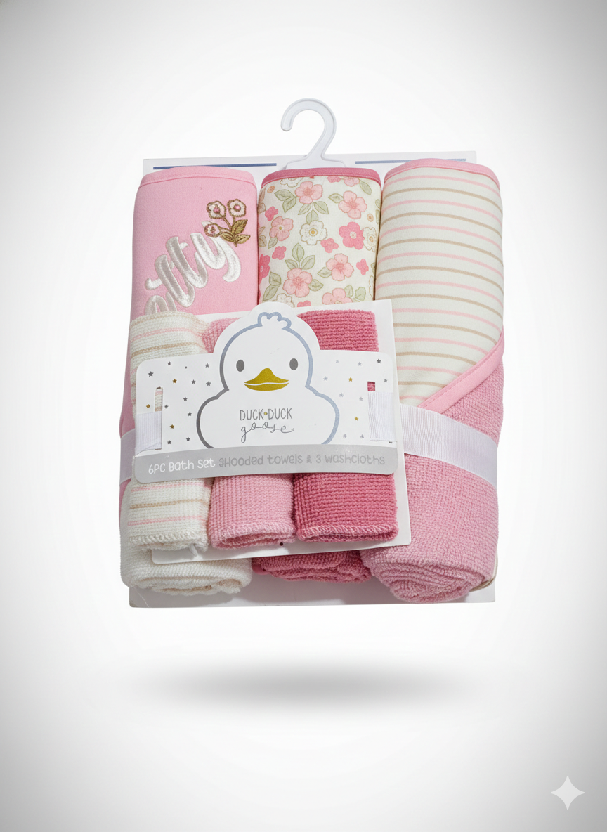 Duck Duck Goose Baby Girl 6-Piece Bath Set - 3 Hooded Towels & 3 Washcloths - Pink Floral
