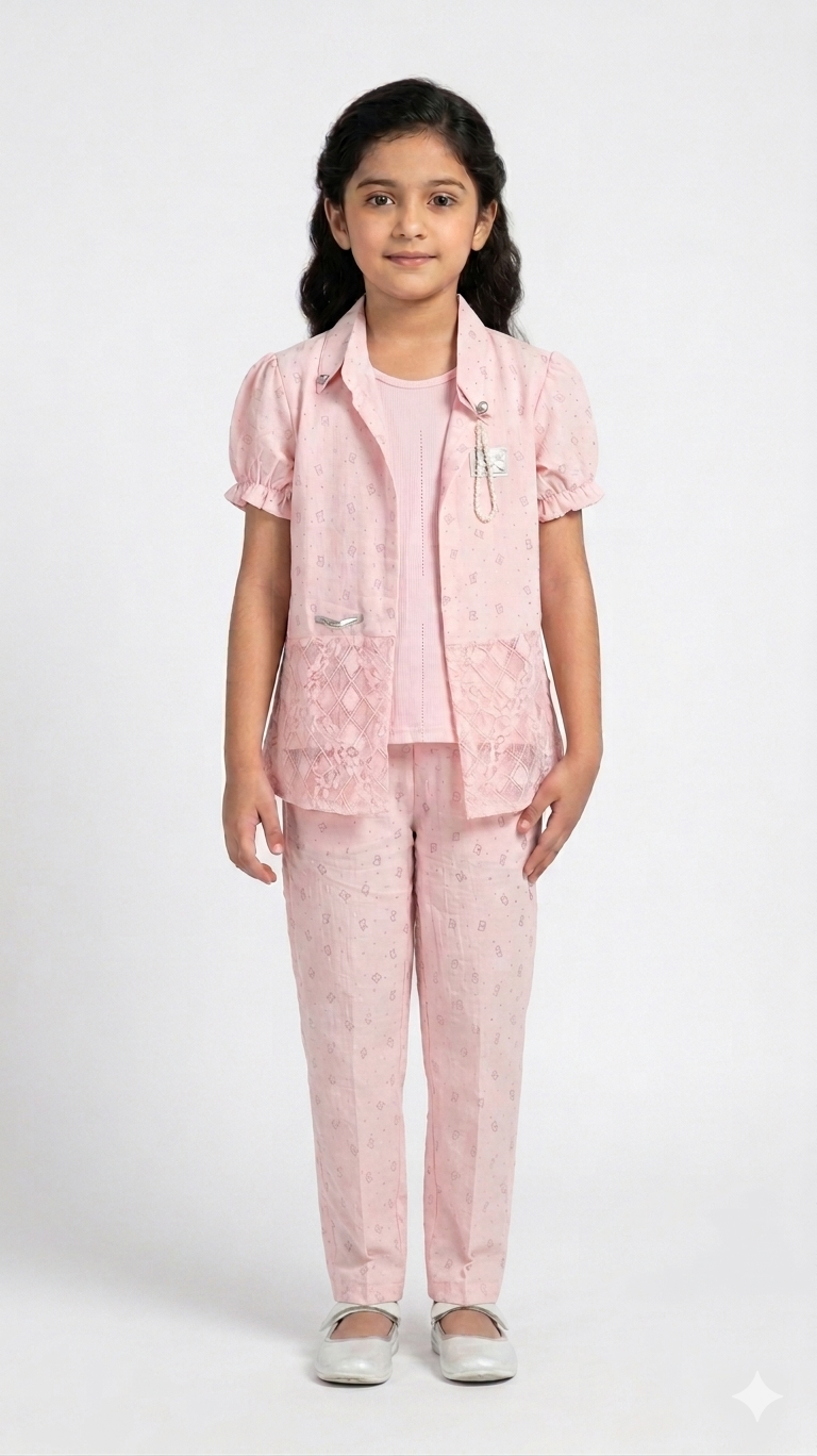 Stylish Girls Self Print Net Lace Shrug 3 Piece Pants Suit Co Ord Set