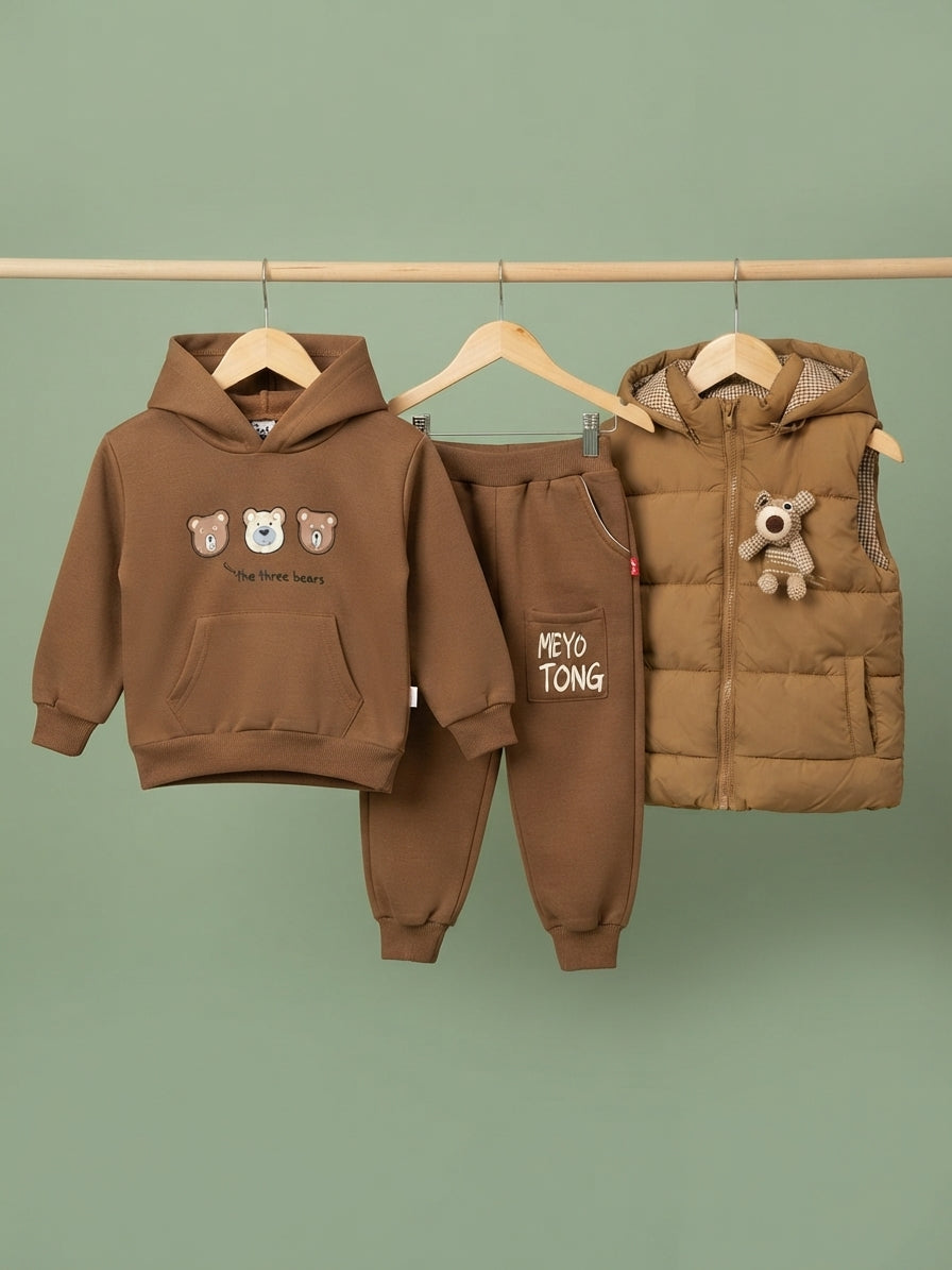 Kids Three Bears Graphic Hoodie And Puffer Vest 3-Piece Winter Outfit Set