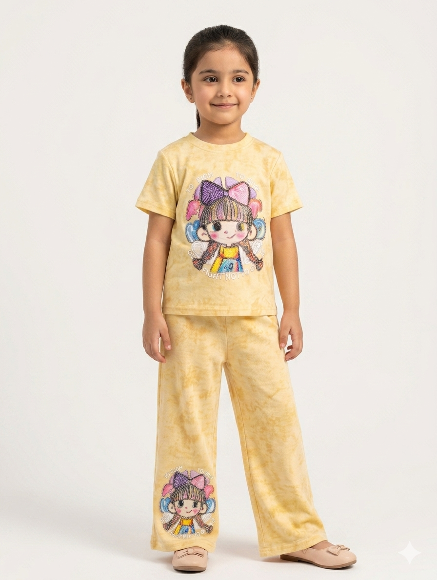 Girls Vibrant Tie Dye Two Piece Lounge Set Featuring Colorful Cartoon Graphic and Wide Pants