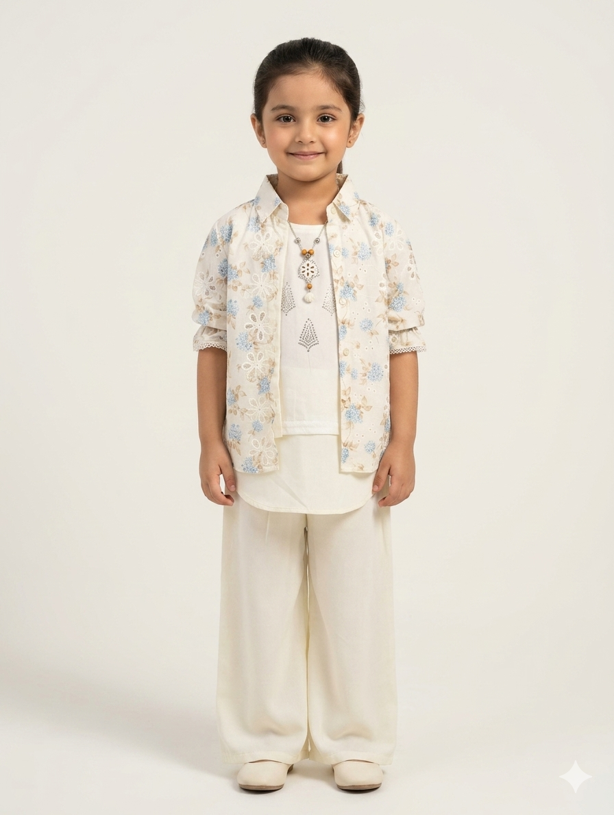 Elegant Two Piece Floral Lace Shrug Set with Embroidered Inner and Matching Wide Leg Trousers