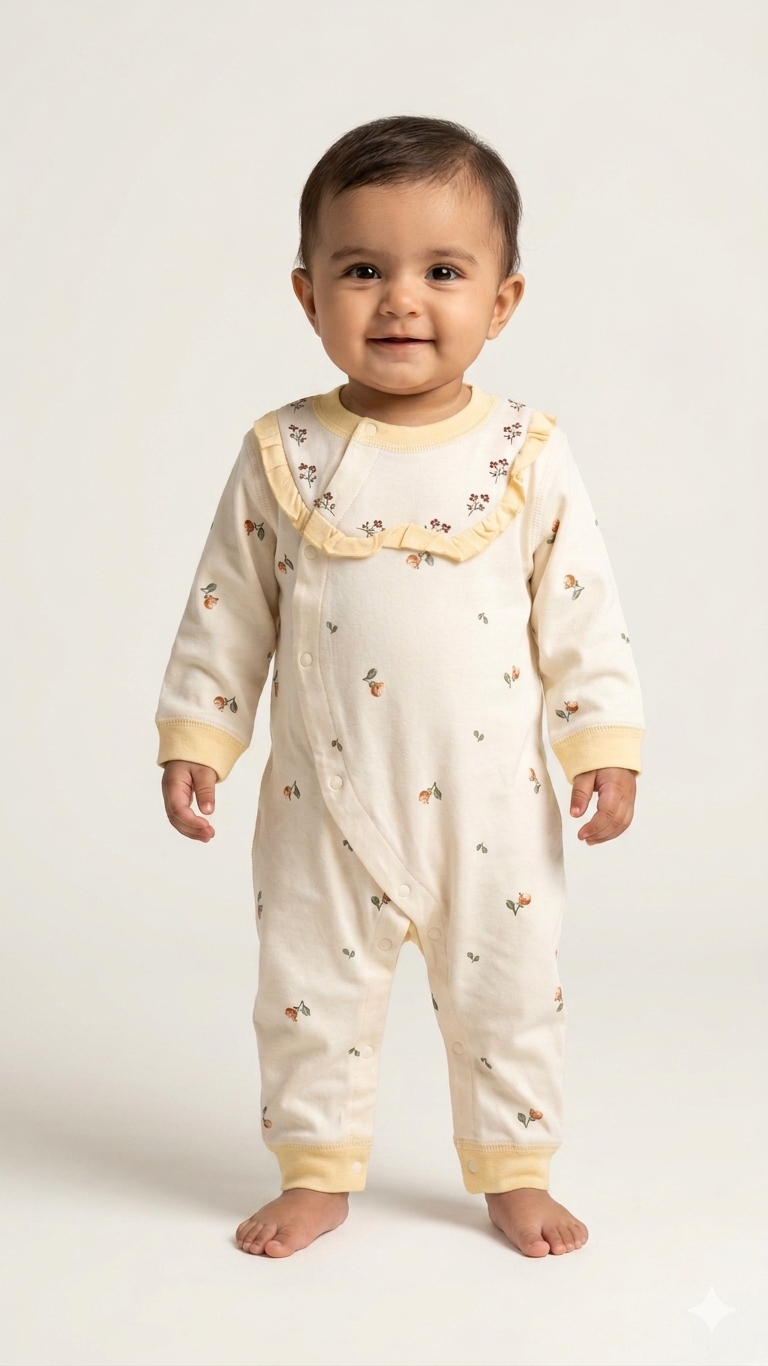 Comfortable Floral Print Cotton Baby Jumpsuit with Frilled Collar for Cozy Daily Wear