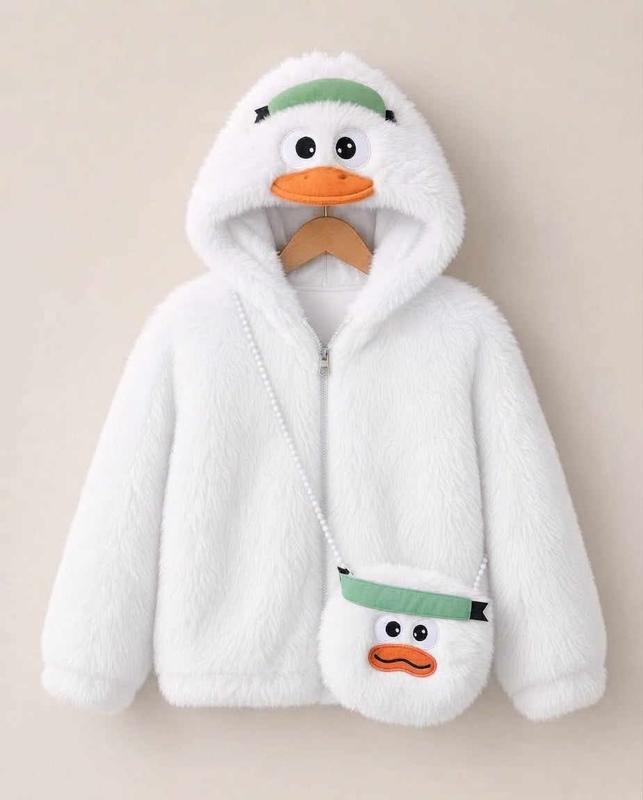 Cute Fluffy Duck Hooded Winter Jacket With Matching Purse For Kids