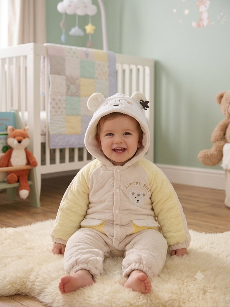 Adorable Off-White Bear Hooded Baby Romper Warm Fleece Winter Jumpsuit For Toddler Boys