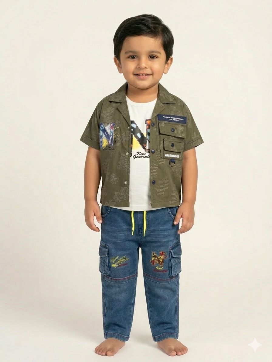 Toddler Boys Adventure Three-Piece Set with Printed Button-Down Shirt and Denim Cargo Joggers