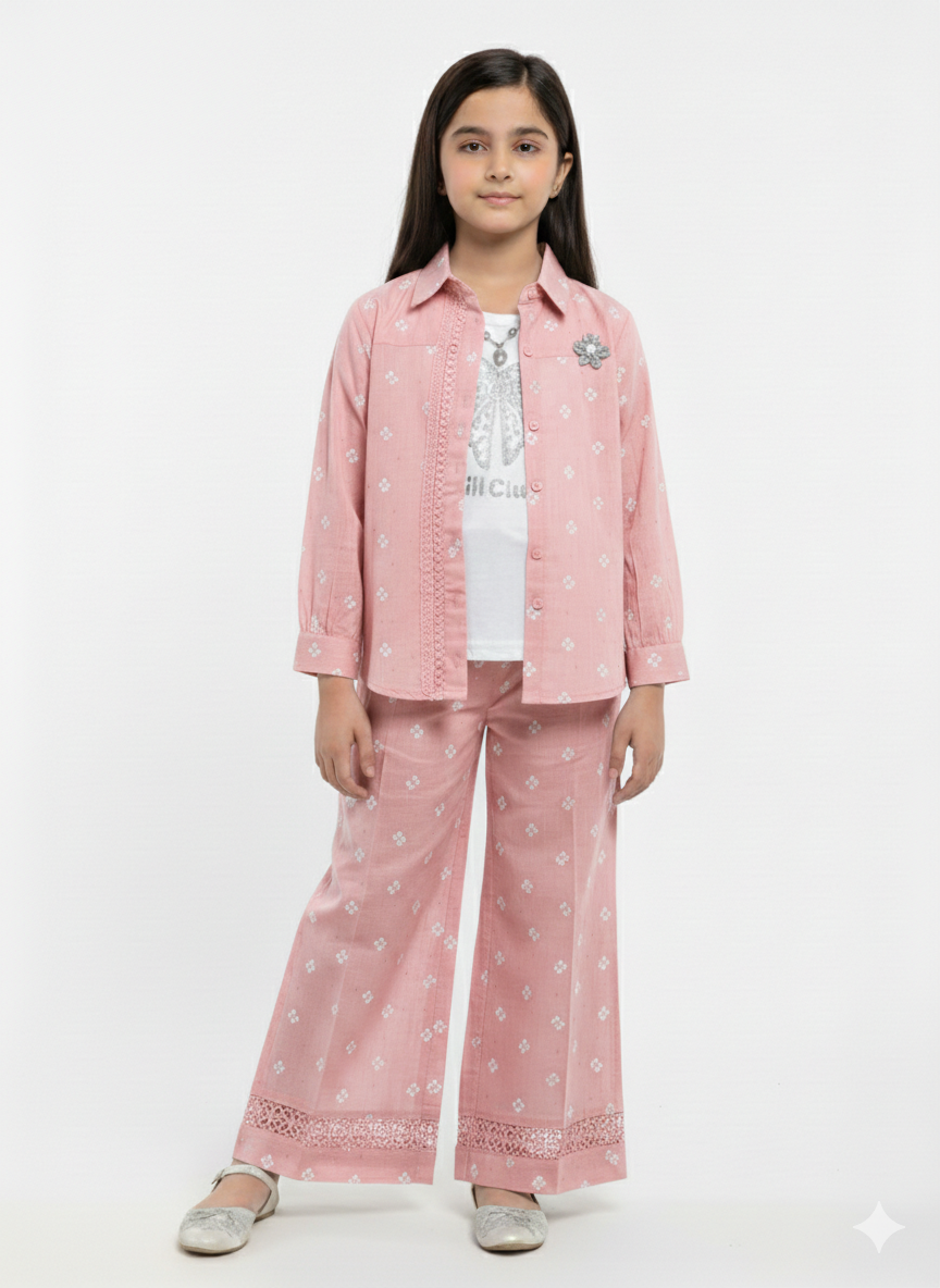 Girls' Chic Pink Geometric Print Three-Piece Co-ord Set with Embroidered Shirt and Wide-Leg Trousers
