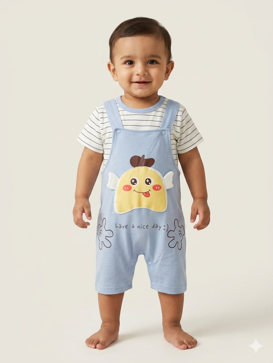 Adorable Baby Boy Two Piece Striped T-Shirt and Cartoon Character Overalls Short Romper Set