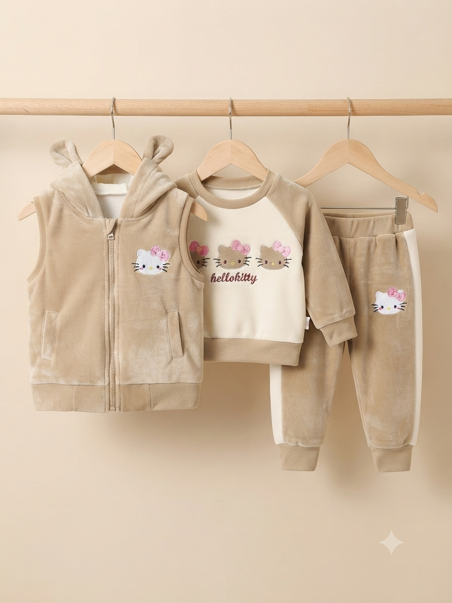 Cute Hello Kitty 3-Piece Winter Outfit Set with Hooded Vest, Sweatshirt, and Matching Pants
