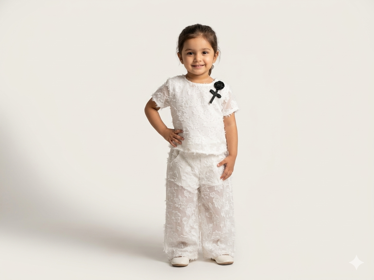 Elegant White Textured Lace Two Piece Set For Girls With Contrast Black Flower Brooch
