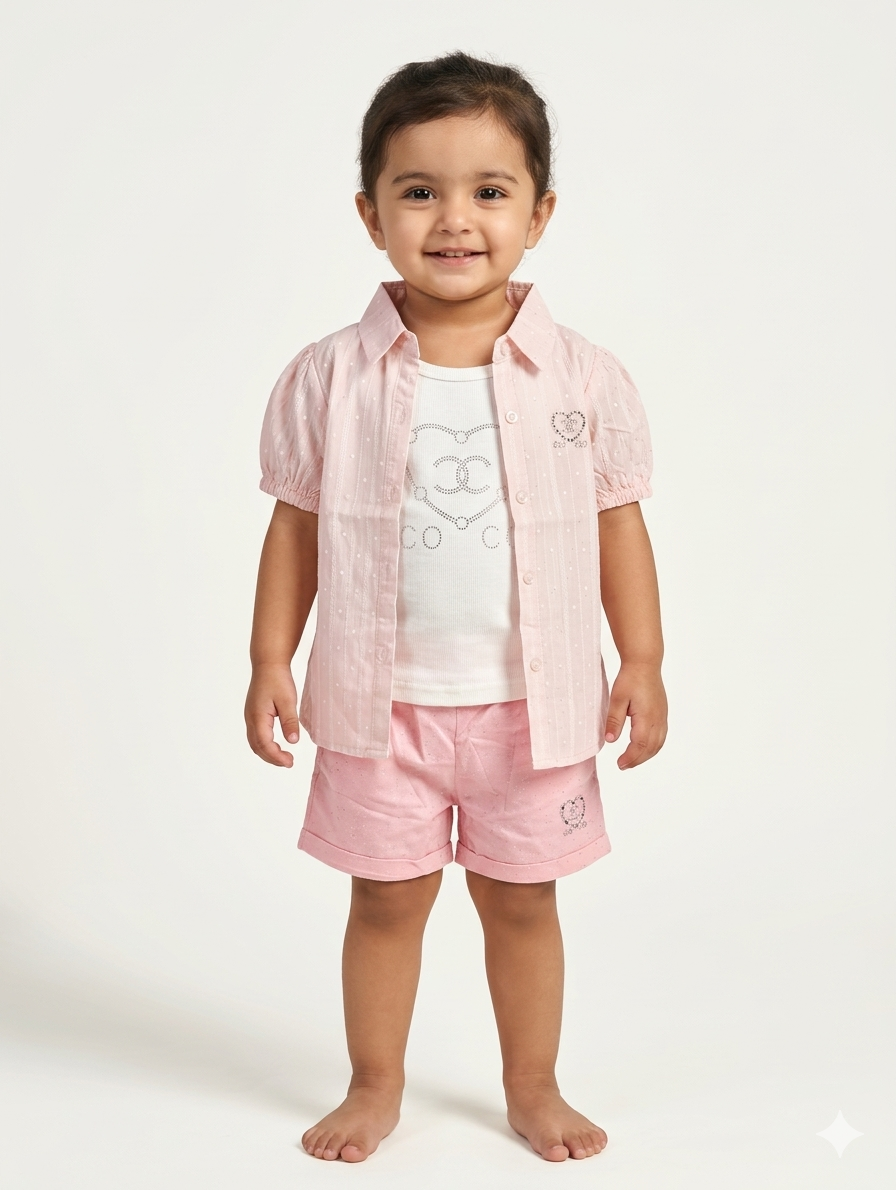 Toddler Girls' Three-Piece Cotton Shirt and Shorts Set in Pastel Pink and Sky Blue