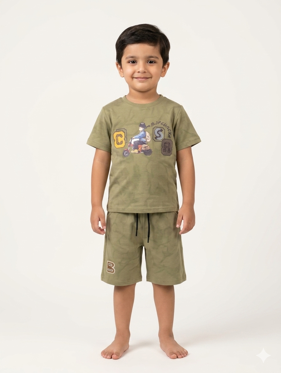 Boys Summer Graphic Tee and Shorts Set Featuring Varsity Patches and Comfortable Tie-Dye Print