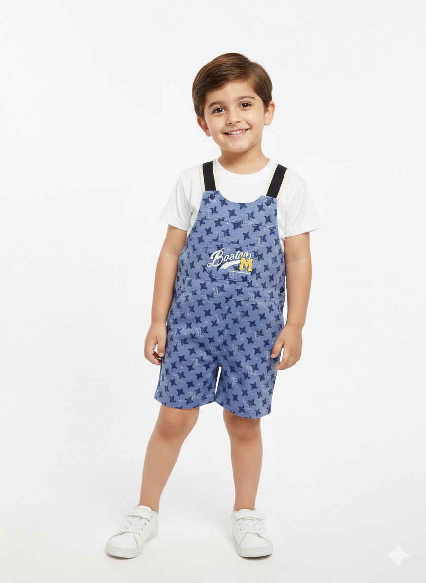 Toddler Boys' 2-Piece White Tee and All-Over Print Denim-Style Shorts Overalls Set