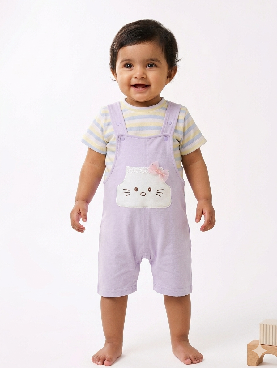 Charming Pastel Baby Overalls Set with Striped Tee and Whimsical Kitten Pocket Design Detail