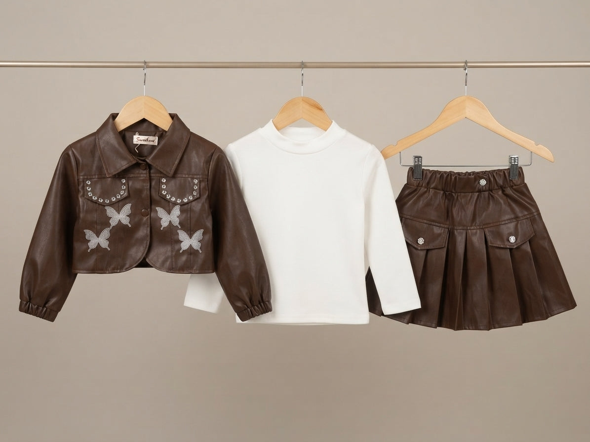 Stylish Kids Three Piece Outfit Set With Butterfly Faux Leather Jacket And Skirt