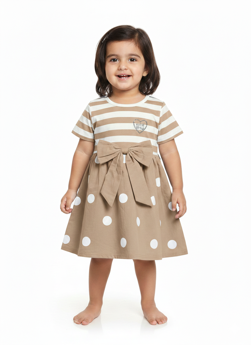 Girls' Playful Mixed Pattern A-Line Dress with Striped Bodice and Oversized Front Bow