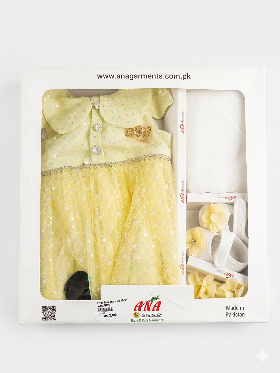 Premium Yellow Embroidered Baby Frock Gift Box Set With Matching Accessories For Special Occasions