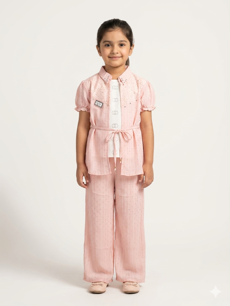 Elegant Girls Three Piece Shimmer Suit Featuring Lace Overlay Waist Tie Jacket and Wide Leg Trousers