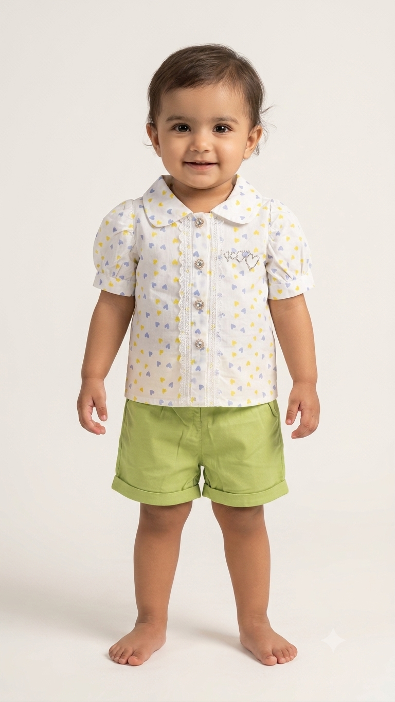 Toddler Girl Heart Print Shirt and Shorts Set, Breathable Cotton Summer Outfit Kids